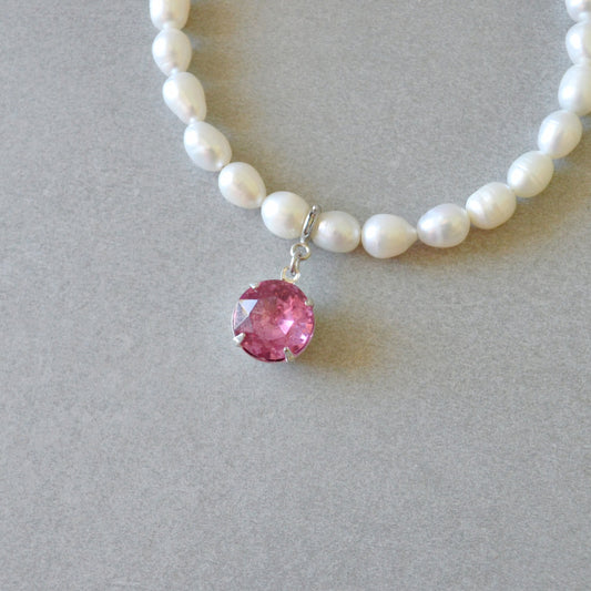 Bright Pink Crystal Charm • Silver Halfable