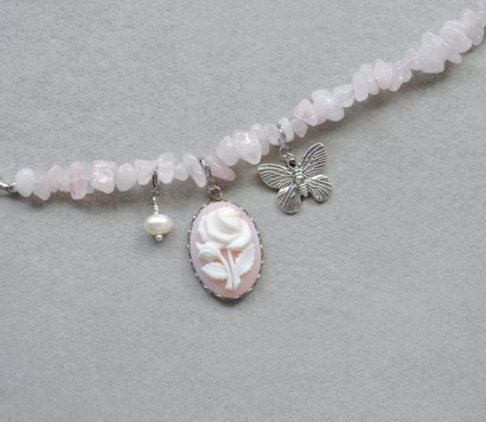 Pink Rose Cameo Charm • Silver Halfable