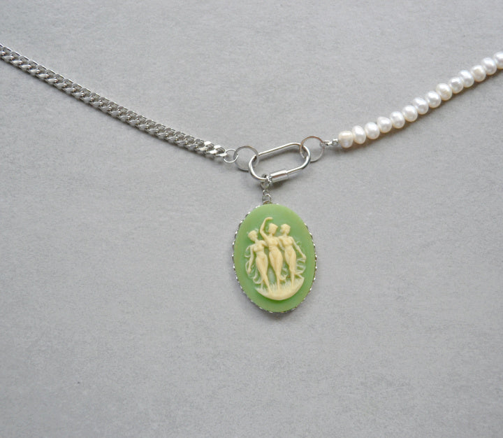 XL Dancing Fairies Green Cameo Charm • Silver Halfable